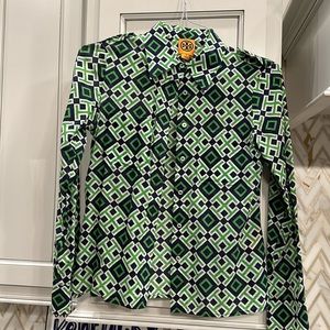 Tori Burch long sleeve, navy and green light white cotton top.